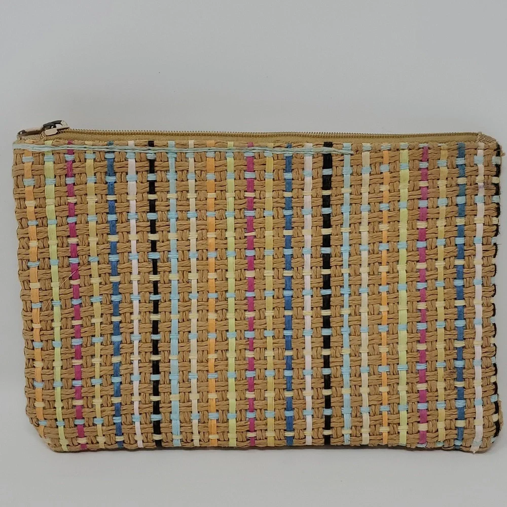 Ipsy Makeup Bag Tan Woven Rattan Like Bright Ribbons Throughout